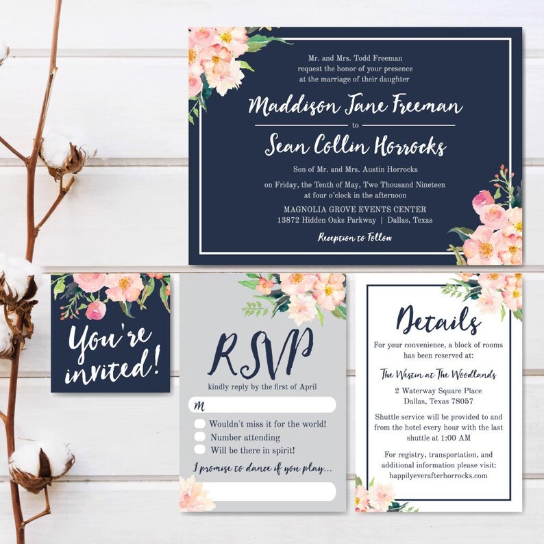 Navy Blue and Blush Floral Wedding Invitation Suite, Online Wedding Invite Template, Affordable Wedding Invitation Package, Hadley Designs image 4