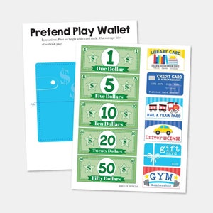 Cartera imprimible para niños, Imprimibles de juego de simulación, Juego de simulación, Dinero de simulación, Tarjetas de crédito de simulación, Dinero de juego para niños, Juego de simulación para niños