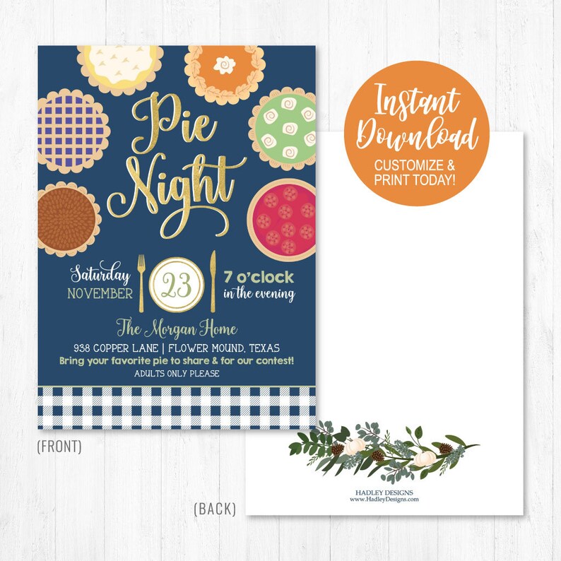 Pie Night Invitation Template, Printable Pie Party Invite Card for Pie Making Contest, Pie Competition, Friendsgiving, or Fall Party Invites image 2