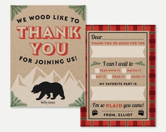 Lumberjack Kids Party Fill In The Blank Thank You Card Template - Lumberjack Thank You Card Instant Download, Lumberjack Thank You Note