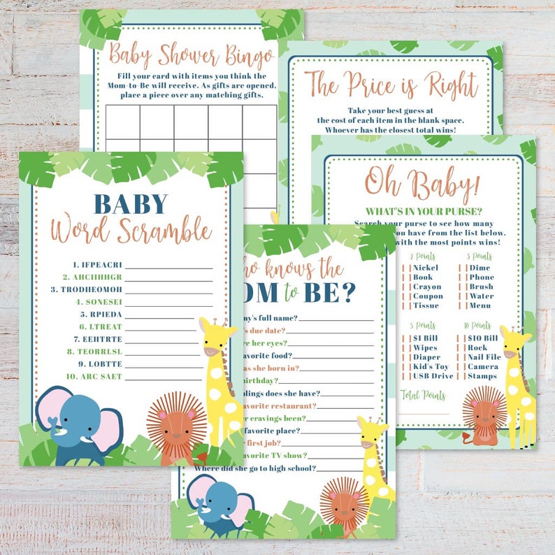 Whats In Your Purse Who Knows Mommy Best The Price Is Right Word Scramble Bingo Safari Baby Shower Game Set Templates