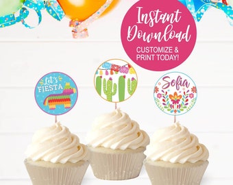 Cupcake Topper Instant Download, Printable Party Decorations, Cupcake Pick Flags, Cupcake Picks Happy Birthday, Fiesta Party Ideas