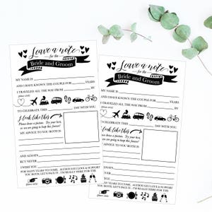 K&ouml;nnte beinhalten: Zwei schwarz-wei&szlig;e druckbare Karten mit dem Text "Leave a note for the Bride and Groom". Die Karten haben Ausf&uuml;llfelder, in die die G&auml;ste Nachrichten f&uuml;r das Paar schreiben k&ouml;nnen.