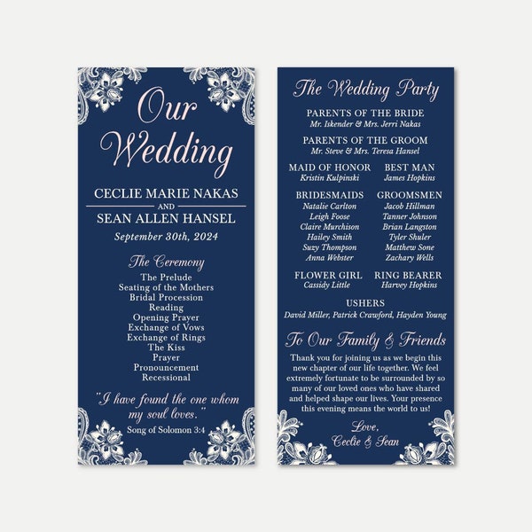 Elegant Navy and Blush Lace Wedding Program Template - Programs Designs, Wedding Programs Instant Download, Wedding Program Format Template