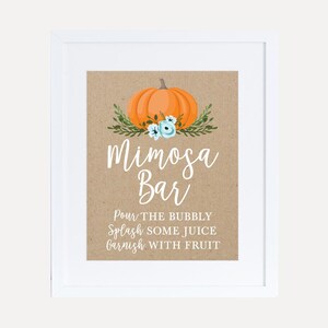 Modello di cartello Mimosa per baby shower con zucca e ragazzo - Cartello bar personalizzato, cartello per baby shower con alcool, decorazione di benvenuto per baby shower