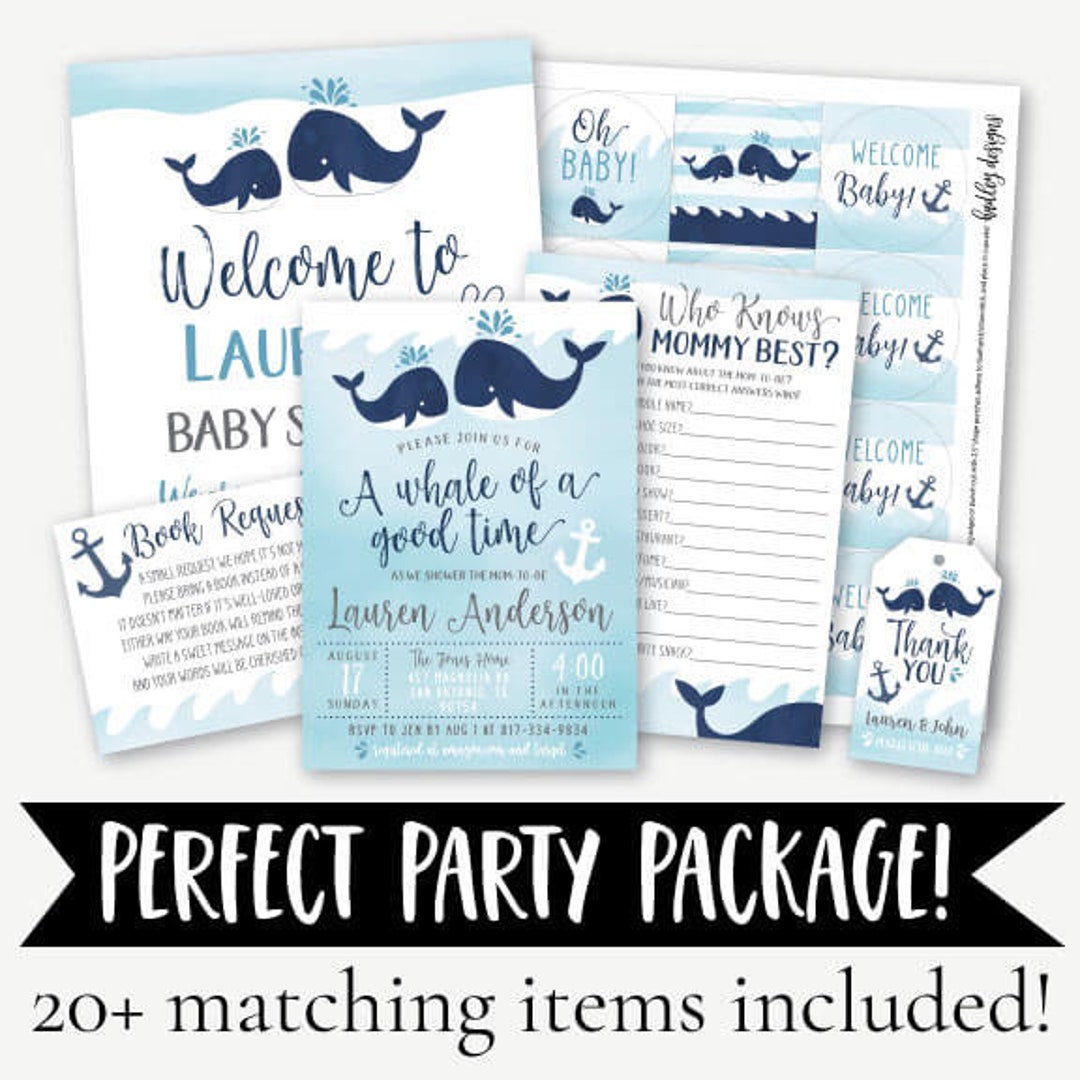 Whale Nautical Baby Shower Complete Package Templates, Baby Shower ...