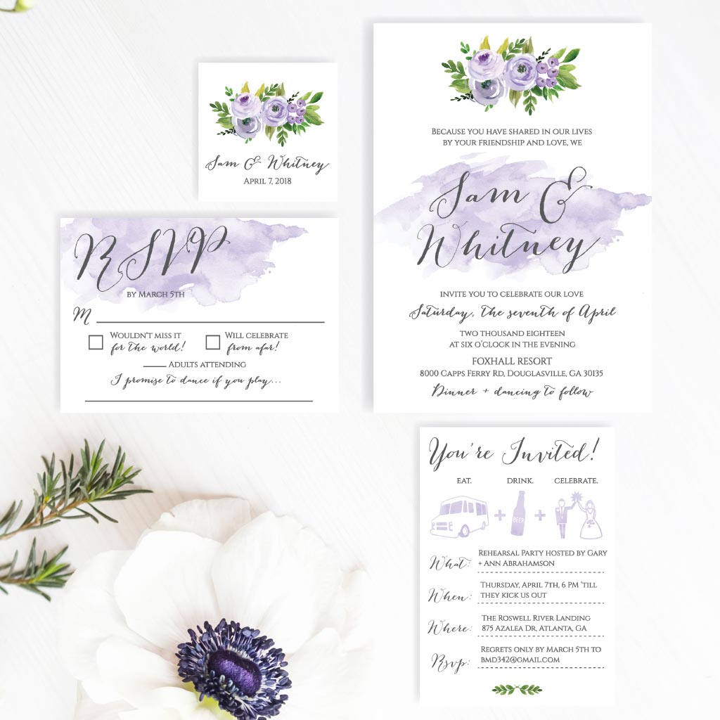 Lavender Floral Watercolor Wedding Invitation Suite, Online Wedding ...