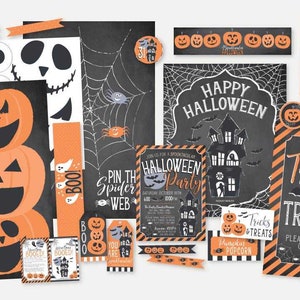 May include: A set of printable Halloween party decorations featuring black and orange pumpkins, ghosts, spiders, and bats. The decorations include a banner, signs, and invitations. The text on the signs includes "Happy Halloween", "Boo", "Trick or Treat", and "Pin the Spider Web".