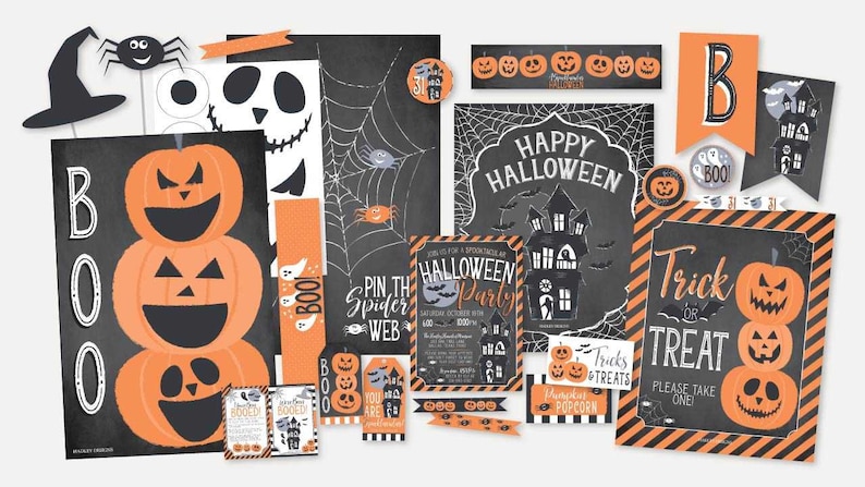 May include: A set of printable Halloween party decorations featuring black and orange pumpkins, ghosts, spiders, and bats. The decorations include a banner, signs, and invitations. The text on the signs includes "Happy Halloween", "Boo", "Trick or Treat", and "Pin the Spider Web".