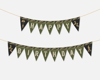May include: Green and black camouflage patterned banner with the words "Happy Birthday" in white. The banner is strung with twine and has small soldier figures on each end.