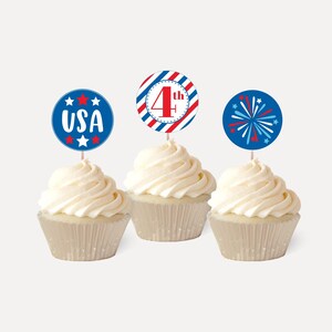 4th of July Cupcake Topper Printable, USA Fireworks Cupcake Picks, Stars and Stripes Treat Tags, DIY Custom American Flag Toothpick Flags