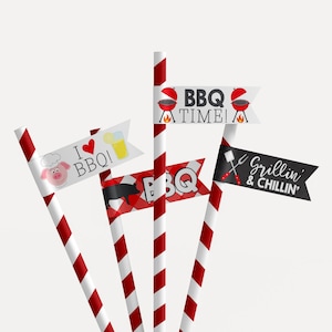 Garten BBQ Stroh Topper Printable, Grill Grillparty Benutzerdefinierte Flaggen, Personalisierte Stroh Tag, Sommer Picknick Papier Etikett, Pool Party Idee
