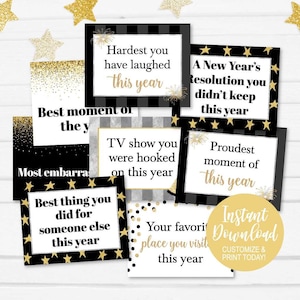 May include: Black and gold printable New Year's Eve party game cards with questions like "Hardest you have laughed this year" and "Best thing you did for someone else this year".