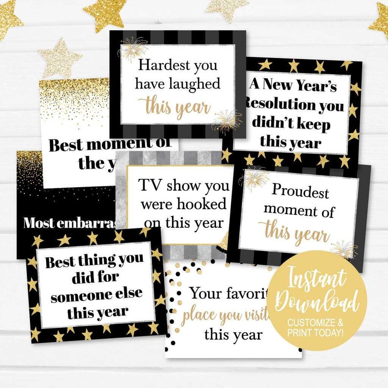 May include: Black and gold printable New Year's Eve party game cards with questions like "Hardest you have laughed this year" and "Best thing you did for someone else this year".
