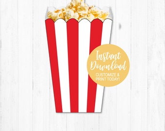 Può includere: Modello di scatola per popcorn stampabile a strisce rosse e bianche con un cerchio giallo che dice "Download immediato Personalizza e stampa oggi!"