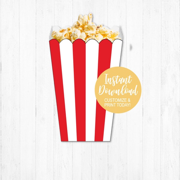 Printable Popcorn Box, Popcorn Template, Custom Popcorn Box, Carnival Popcorn Box, Movie Popcorn Box, Movie Night Ideas, Movie Night Party