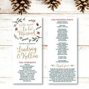 Plantilla de programa de boda navideña - Ceremonia de boda, Tarjeta de programa imprimible vintage rústica, Texto editable Programa de descarga instantánea PDF