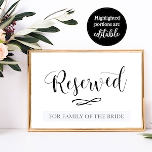 Printable Reserved Sign for Wedding, Rustic Ceremony Seating Table Card for the Bride and Groom's Family, DIY Editable PDF Instant Download image 4