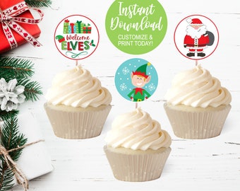 Elf Cupcake Topper, Christmas Cup Cake Topper, Christmas Topper Printable, Holiday Decor Christmas, Holiday Christmas Decor, Santa PDF,