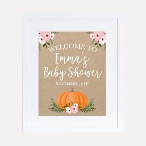 Modèle de signe de bienvenue de douche de bébé de citrouille fille - signe de cartes de douche de bébé, décorations modifiables de douche de bébé, douche de bébé bon marché