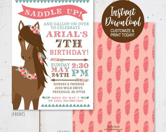 Szablon zaproszenia urodzinowego dla dziewcząt z końmi, zaproszenie urodzinowe dla dziewcząt do wydrukowania, zaproszenie na przyjęcie dla dziewcząt, zaproszenie urodzinowe dla dzieci dla dziewcząt, DIY