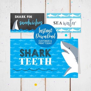 Shark Food Tents Printable, Place Cards Template Editable, Place Cards Tent, Shark Place Cards Digital, Printable Food Label Tents