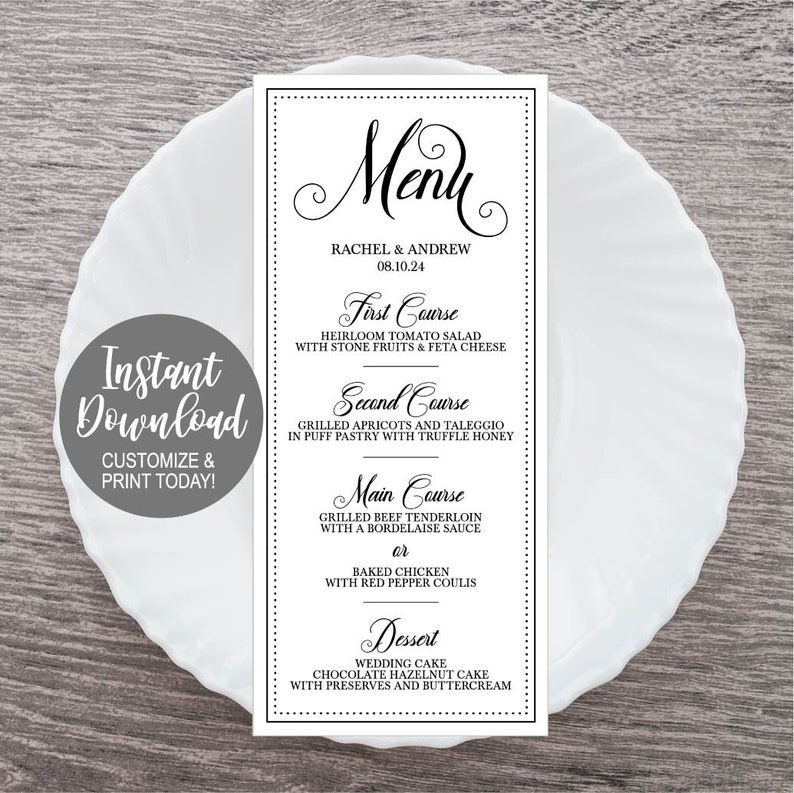 Wedding Menu Cheap Pdf Printable Wedding Menu Template Etsy