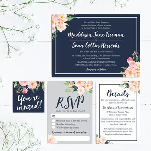 Navy Blue and Blush Floral Wedding Invitation Suite, Online Wedding Invite Template, Affordable Wedding Invitation Package, Hadley Designs image 8