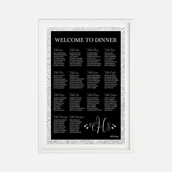 Silver Glitter Black Elegant Wedding Seating Chart Sign Template - Template Seating Chart, Seating Plan Printable, Wedding Seating Plan, PDF