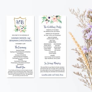 May include: A wedding ceremony programme with a floral design and the names Hannah Mason and Benjamin Christenson. The programme includes the wedding party, the ceremony order, and a thank you message. It also includes a section for in loving memory of Grandma Duke and Emily Jones.
