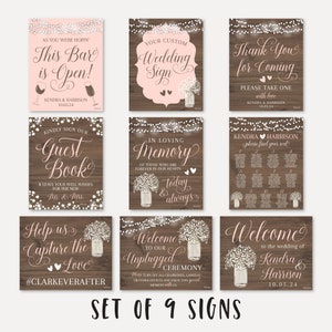 Ensemble de signes de mariage en bois rustique Babys Breath - Tableau des sièges, Menu des boissons, Bienvenue, Livre d'or, In Loving Memory, Unplugged, Favors, Hashtag
