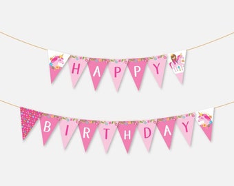May include: Pink and white triangle banner with the words "Happy Birthday" and unicorn and fairy illustrations.