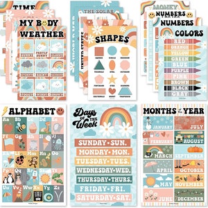 16 carteles educativos retro para niños pequeños: carteles de aprendizaje para preescolares de 1 a 3 años, material de educación en el hogar para jardín de infantes