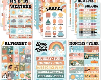 16 Retro Kids Educational Posters For Toddlers - Pre K Learning Posters For Toddlers 1-3, Kindergarten Homeschool Supplies