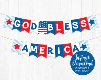 God Bless America Banner Template, Editable Fourth of July Garland, Stars and Stripes Letter Flags for Barbecue, DIY Summer Pool Party Decor