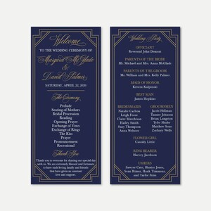 May include: A navy blue wedding program with gold accents. The program includes the names of the bride and groom, Margaret McGlade and David Palmer, the wedding date, and the wedding party.