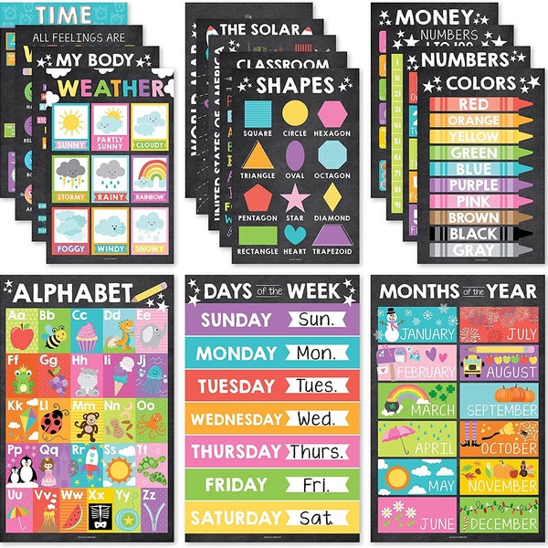 16 Colorful Kids Educational Posters For Toddlers - Pre K Learning Posters For Toddlers 1-3, Kindergarten Homeschool Supplies