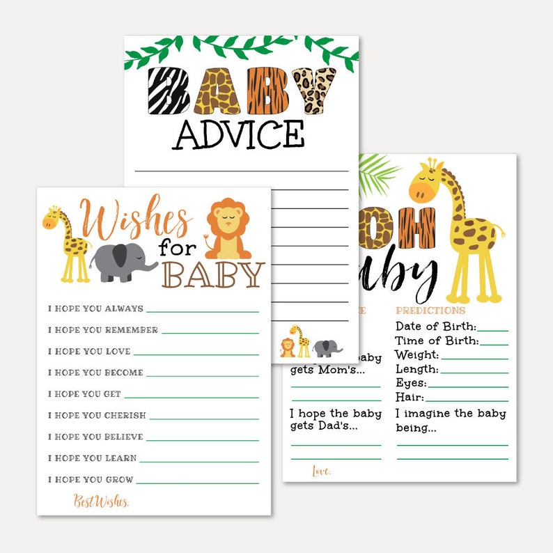 Advice Card Jungle Animal Black Green Baby Shower Package Keepsake Bundle Oh Baby Well Wishes for Baby Baby Keepsake Cards