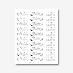 May include: A sheet of 20 white return address labels with black text and antlers. The labels feature three different names and addresses: Henderson Family, Mitchell & Kaila, and Henry & Laurel. Each label includes a street address, city, state, and postcode.