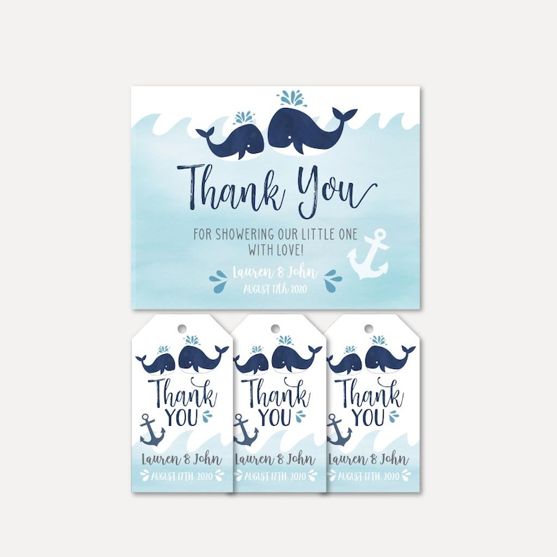 Thank You Card and Favor Tag Bundle Baby Thanks Whale Nautical Baby Shower Thank You Card and Favor Tags Templates Favor Tag Bundle