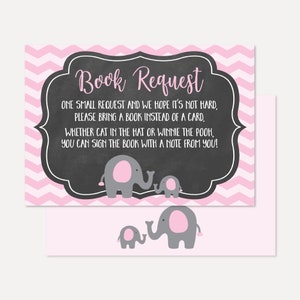 Roze Chevron en krijt olifant baby shower boek aanvraag kaart, baby shower games afdrukbaar, baby shower boek aanvraag, zelf bewerken, DIY