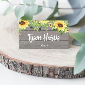 Gray Wood Sunflower Rustic Wedding Place Card Flat and Tented, Hadley Designs, Place Cards Wedding Reception, Wedding Place Card Calligraphy