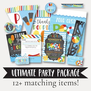 Waves Pool Kids Party Modèles de package complets - Invitation, Signes, Bannière, Drapeaux de paille, Remplir la carte de remerciement, Étiquette de faveur, Décor