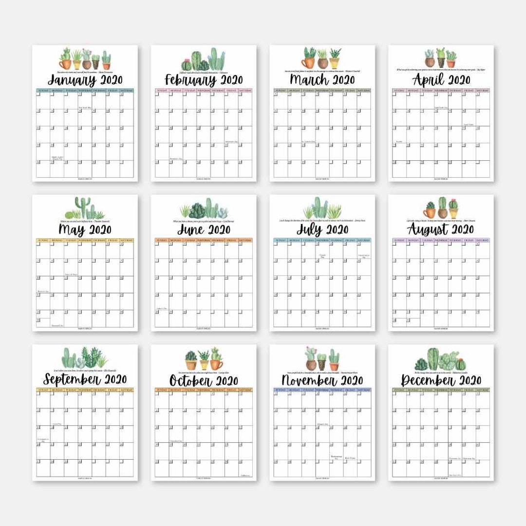 Printable 2020 Calendar for Binder Printable 2020 Calendar Monthly Printable 2020 Calendar for Kids Printable 2020 Wall Calendar Etsy