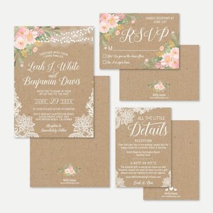 Floral Kraft Spitze rustikale Hochzeitseinladung, RSVP und Details Set Vorlagen - Hochzeitseinladungen mit RSVP enthalten, Karten billig, Kit