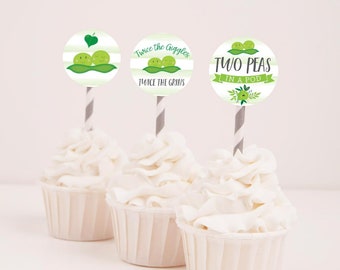 Peas In A Pod Twins Baby Shower Cupcake Toppers Template  - Baby Shower Cupcake Decorations, DIY Printable Cupcake Topper, Party Cupcake