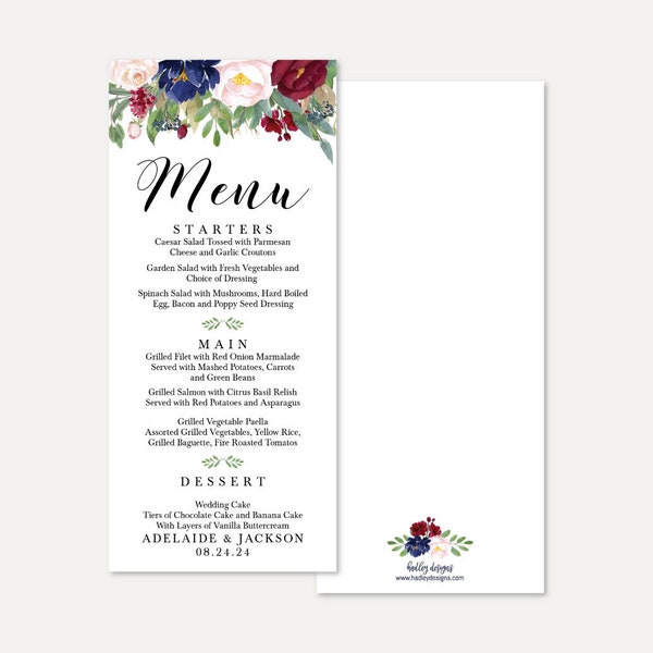 Navy Floral Wedding Menu Template - Party Menu Template, 4x9 Editable Printable Dinner Menu, DIY PDF Instant Download Menu