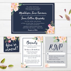 Navy Blue and Blush Floral Wedding Invitation Suite, Online Wedding Invite Template, Affordable Wedding Invitation Package, Hadley Designs image 3