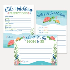 Plantillas de conjuntos de predicciones, consejos y deseos de baby shower de tortugas marinas: paquete de recuerdos, tarjeta de consejos, Oh bebé, buenos deseos para el bebé, bebé