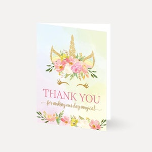 Plantilla de tarjeta de agradecimiento de baby shower de unicornio con purpurina dorada - Plantilla de tarjeta de agradecimiento DIY, foto de tarjeta de agradecimiento, plantilla de tarjeta de agradecimiento editable